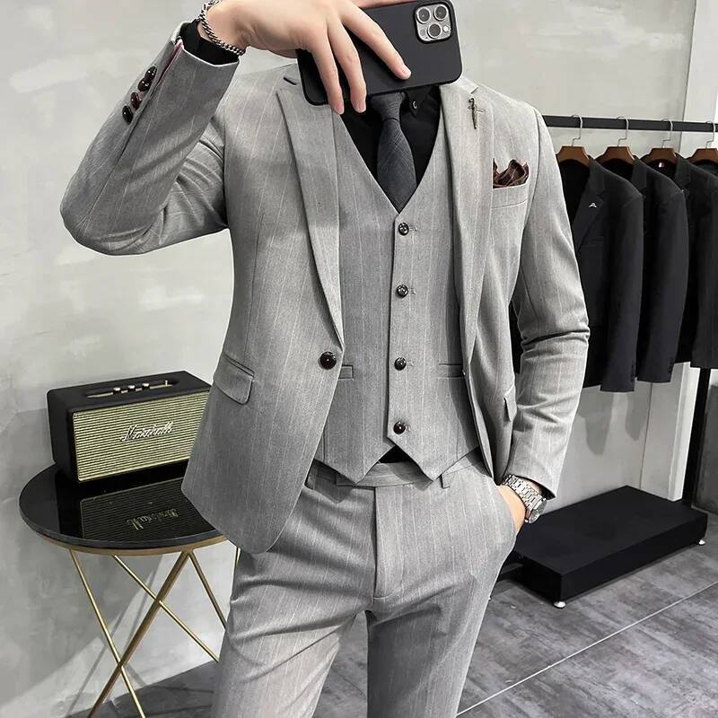 S-7Xl Blazer Vest Pants High-End Brand Plaid Retro Business Groom Wedding Party Slim Suit Fashion British Style Performance
