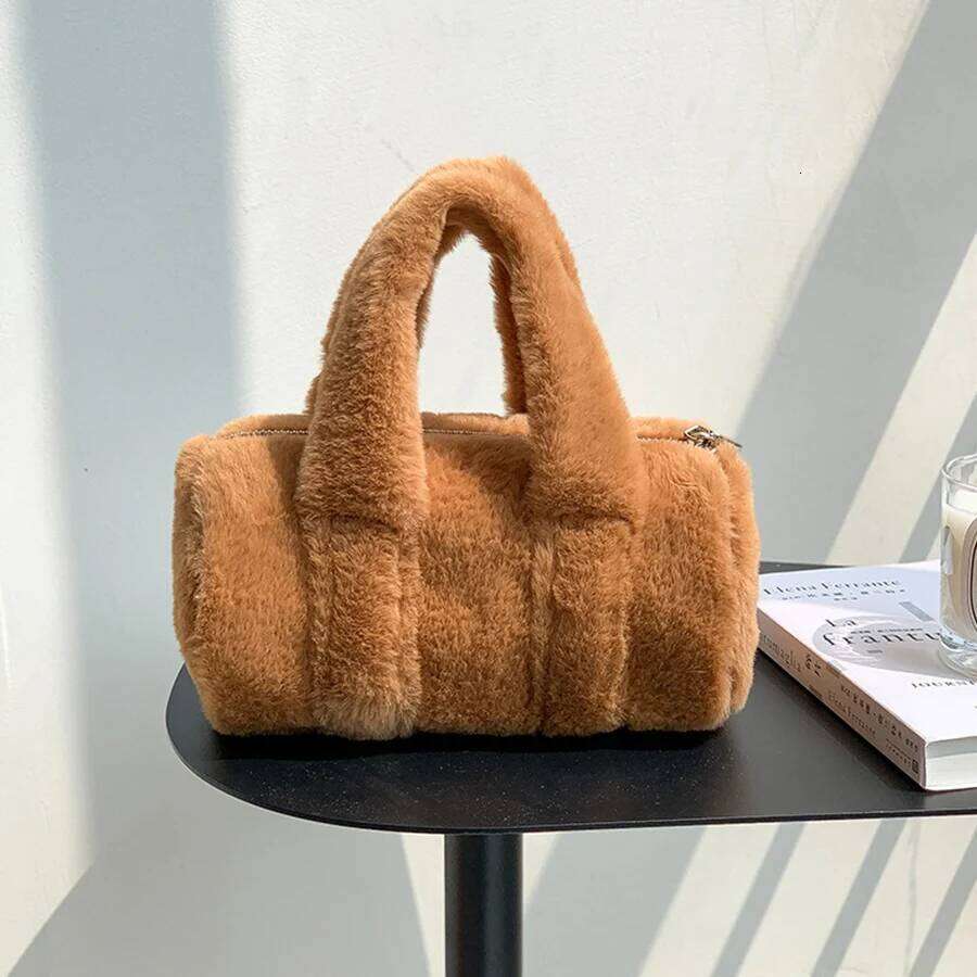 Autumn/Winter Cylinder Handbag Female Ins Fashion Boston Hand Plush Bag Stylish Soild Color Clutch Purse Bolso Mujer Sac A Main