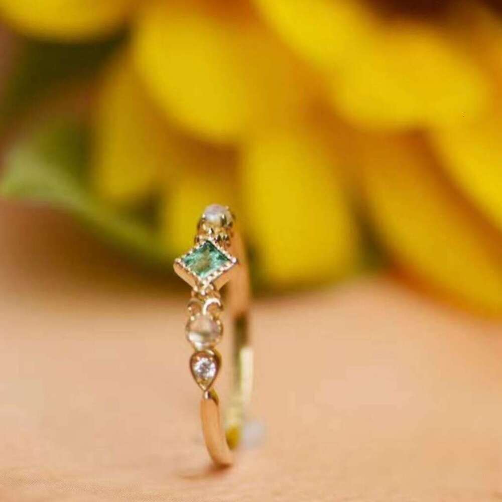 Spring Banquet High Imitation Natural Emerald Zircon Moonstone Fashion Light Luxury Versatile Thin Band Finger Tail Ring