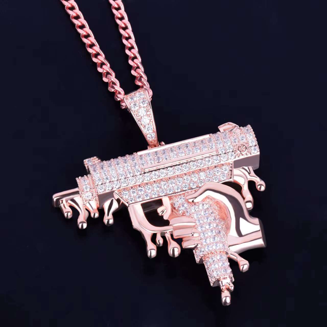 18K Rose Gold .925 Silver Hip Hop Pendant Hand Holding Dripping Uzi Machine Gun Moissanite Charm