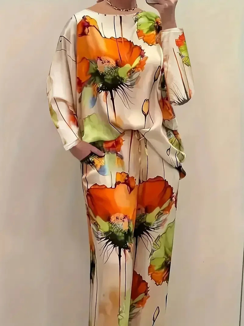 Plus Size 1XL5XL Womens Fashion Floral Print Round Neck Top and Long Pants Sets Ladies Casual and Relaxed Twopieces Sets y250609