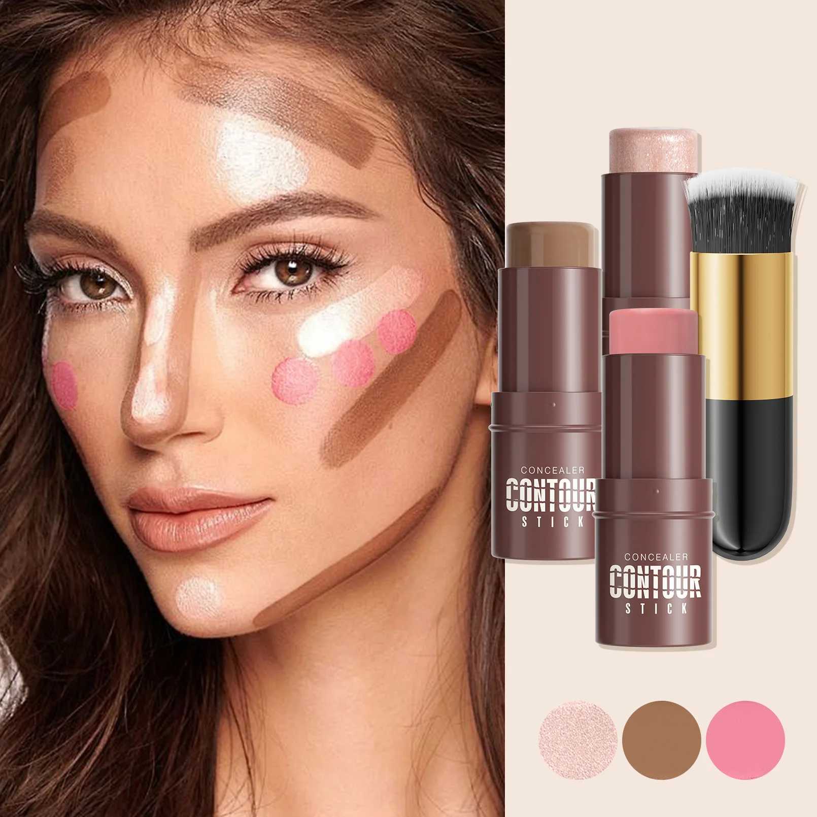 Contour Stick Set with Highlighter Blush Bronzer Plus Golden Powder Brush - Waterproof Cream for All Tones Medium Coverage XJ250618