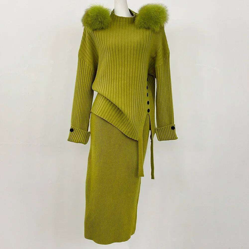 Pullover Set Women Split Fashion Knitted Spring Autumn Two Piece Long Sleeve Ladies Blouses Ruffle Pleated Skirts Real Fur Coat