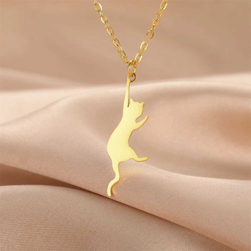 My Shape Cat and Fish Bones Pendant Necklaces for Women Girls Kitten Animals Charms Neck Chain Choker Stainless Steel Jewelry W250618