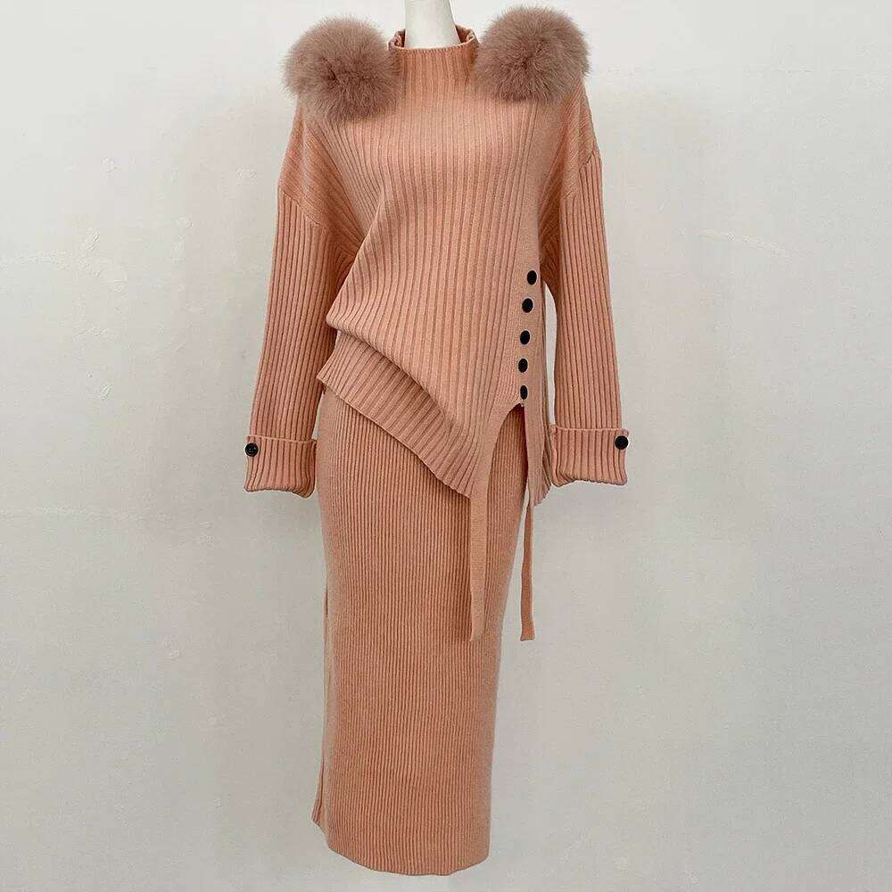 Pullover Set Women Split Fashion Knitted Spring Autumn Two Piece Long Sleeve Ladies Blouses Ruffle Pleated Skirts Real Fur Coat