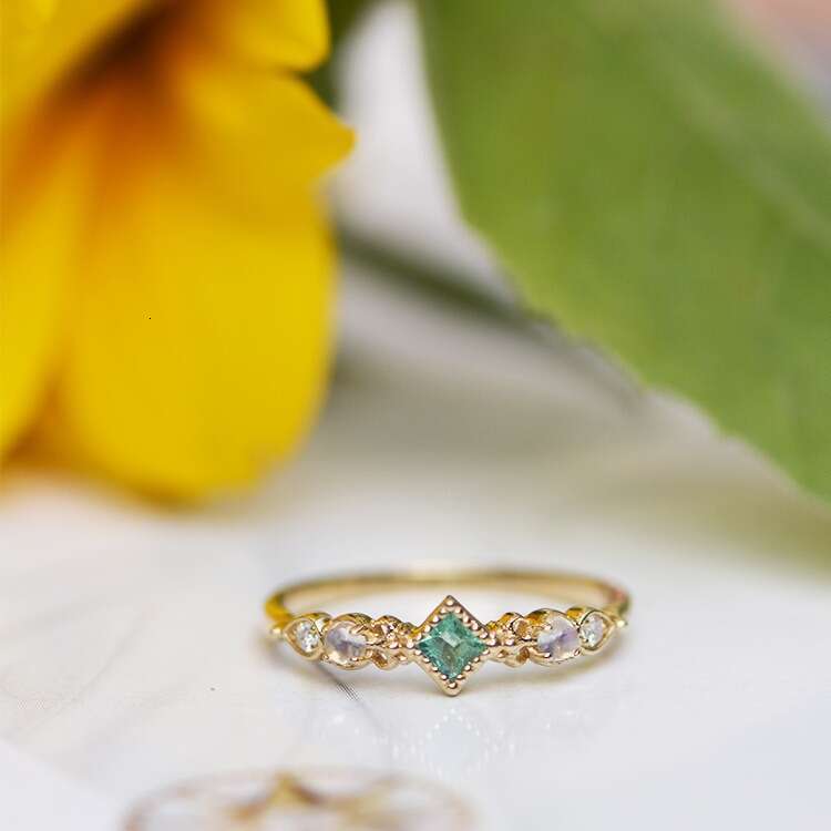 Spring Banquet High Imitation Natural Emerald Zircon Moonstone Fashion Light Luxury Versatile Thin Band Finger Tail Ring