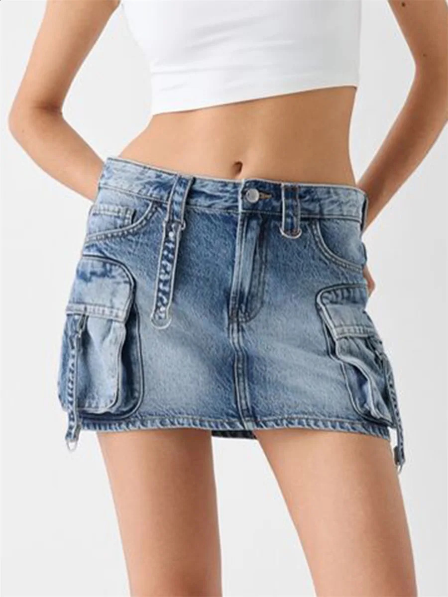 Women s High Waisted Denim Cargo Skirts with Side Pockets and Belt Loops Stylish Aline Mini for Casual Streetwear 250610A