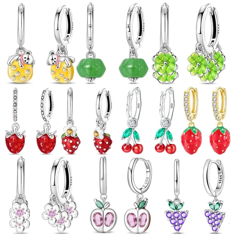 Original Earrings 925 Silver Fruit Series Cherry Strawberry Hoop Earrings Ear Studs Zircon Making Jewelry for Women Girl Party 250617