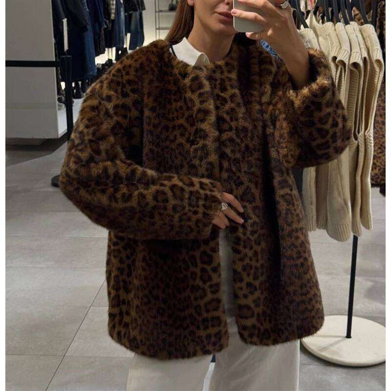 Leopard Print Faux Fur Winter Coat Female Outerwears Plush Jacket Long Sleeve Jackets For Women