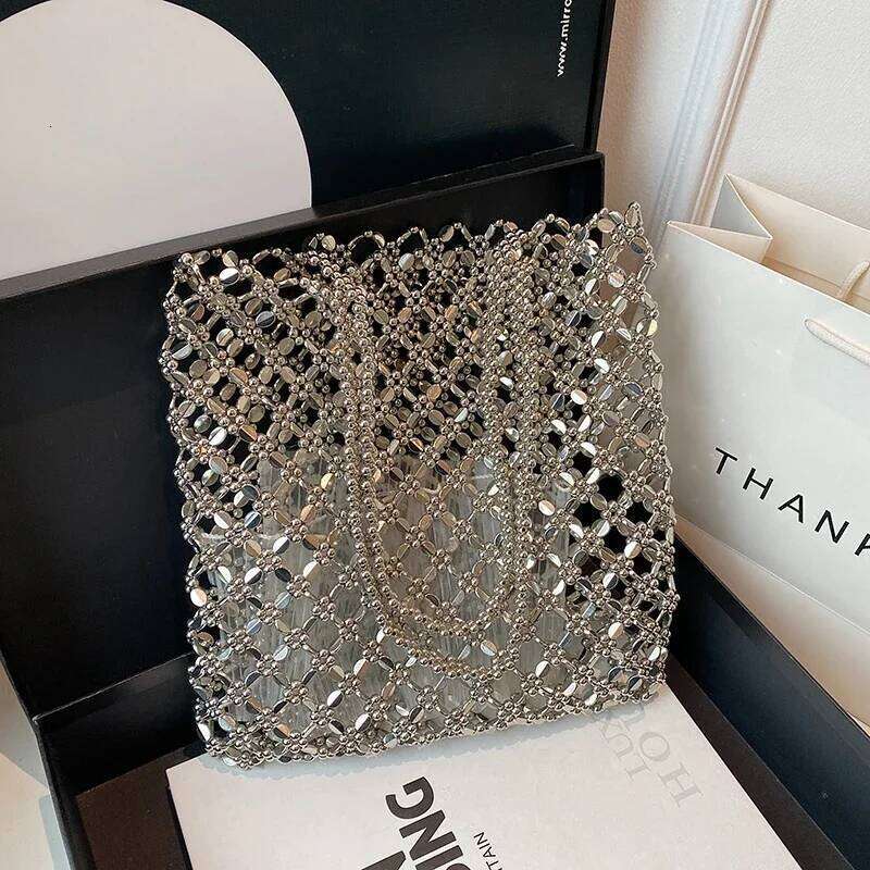 European and American Shoulder Shiny Sier Crystal Handbag Hollow Out Beach Lady Designer Underarm Shopper Bag