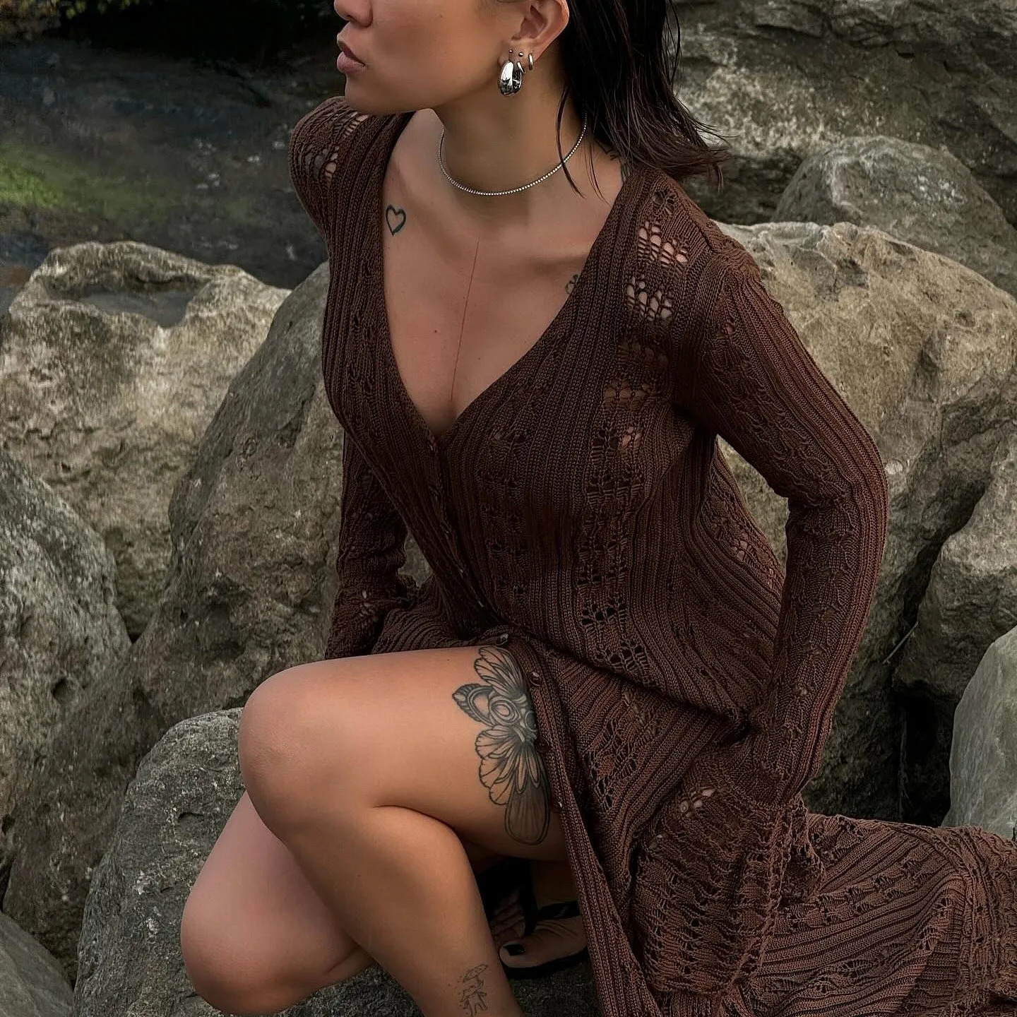 hirigin Button Front Long Sleeve Sheer Open-knit Long Cover-up Jacket Women Autumn Beach Vacation Outfit Maxi Cardigan 250617