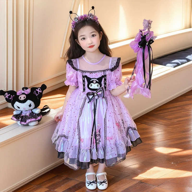 Sanrio 2025 Cosplay Sanrio Kuromi Lolita Princess Dress Summer Bow Puffy Skirt Dress Suit Children Birthday Party Costume Girls GiftsXJ250618