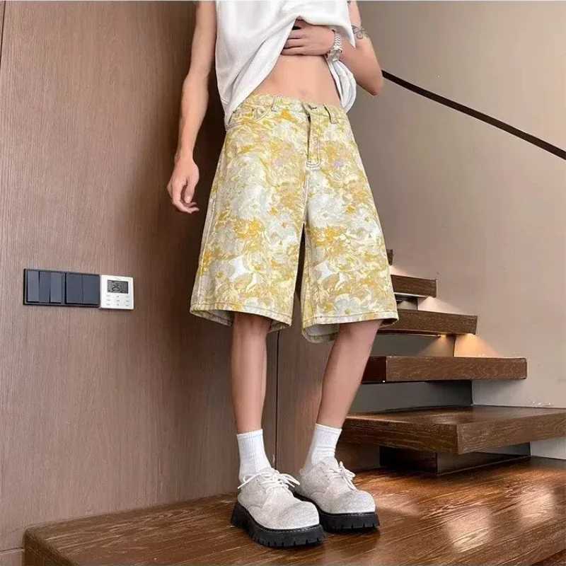 Yellow Tie-Dye All-Over Jacquard Denim Shorts for Men - Summer Thin Style American Retro Loose Straight Camo Five-Point Pants XJ250618