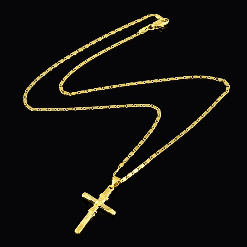 24K Gold Necklace Cross Pendant Gold Plated Necklace Mens Womens Jewelry Gift 45CM/50CM250616