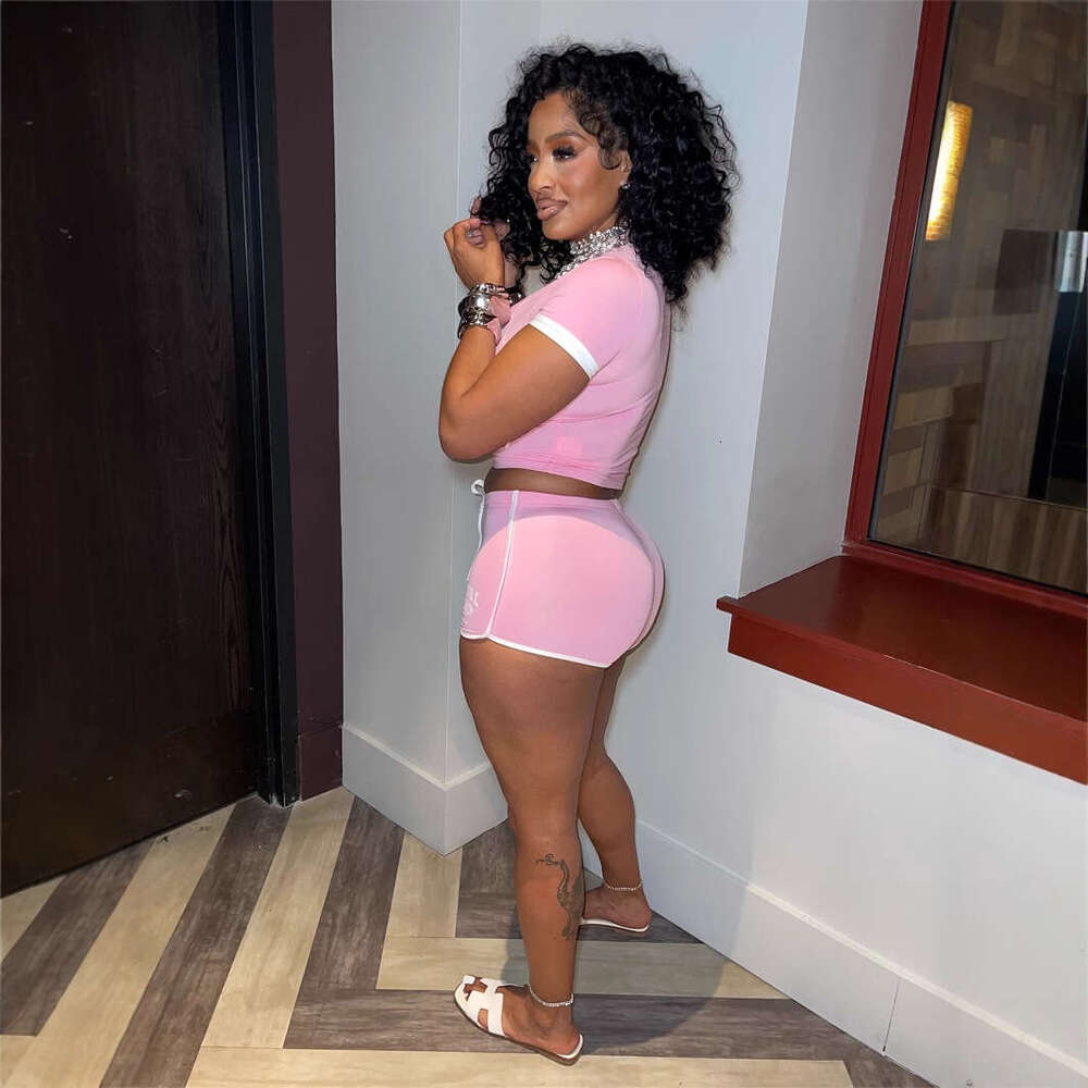 New Fashion Slim Fit Sexy Letter Print Elastic Sports Style Short Sleeve Tie Shorts Set For Women B5