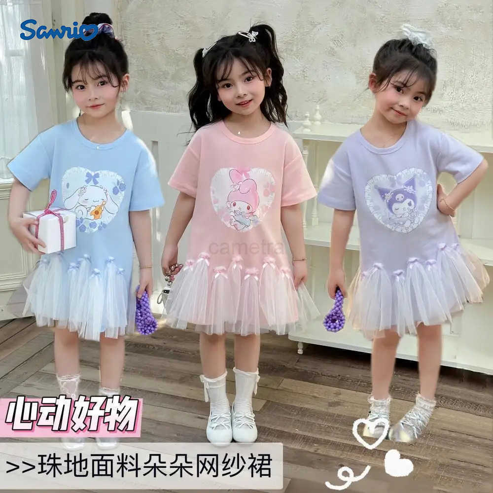 Sanrio Sanrio My Melody Girl Kuromi Short Sleeve T-Shirt Dress Cinnamoroll Summer Cute Cartoon Hot Mesh Princess Skirt Childrens Skirt XJ250618