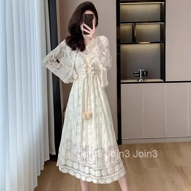 Female Dress Hollow Vintage Chic and Elegant Pretty High Quality Womens Long Sleeve Dresses Luxury Cheap Casual Elastic Party G