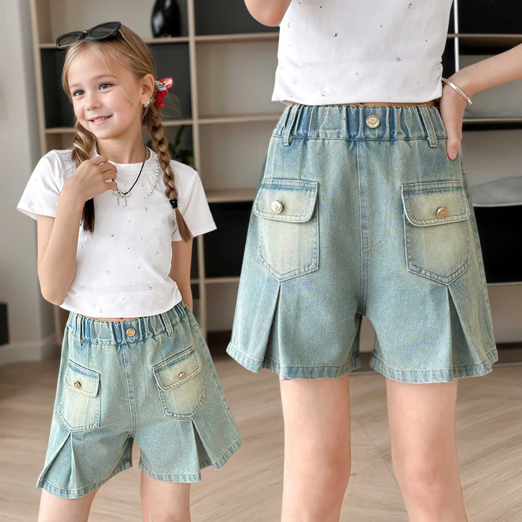Girls summer versatile front pocket folding shorts 2025 new summer thin fashion jeans casual sports shorts 5-15 years oldC250617