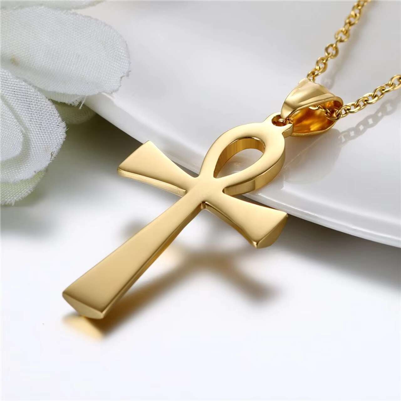 Classic 14K Gold Egyptian Ankh Key Cross Pendant Necklace Moissanite Charms for Gift