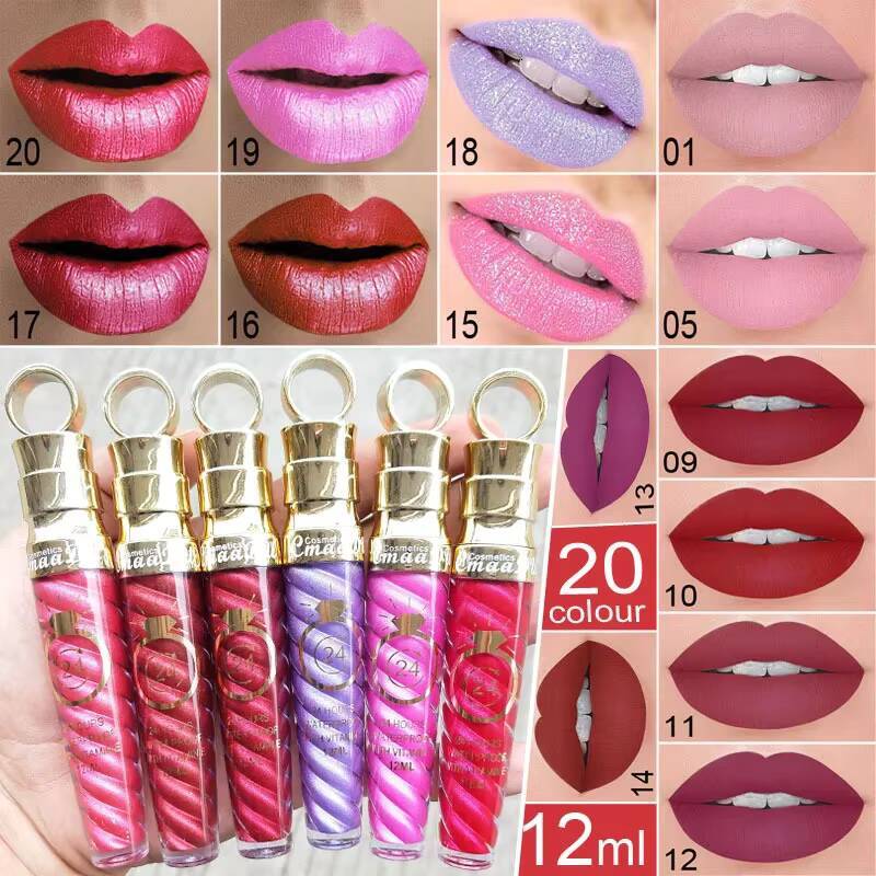 20 Colors Lipstick Waterproof Long Lasting Matte+Shimmer Mental Nude Glitter Gloss Beauty Red Lip Tint New happy