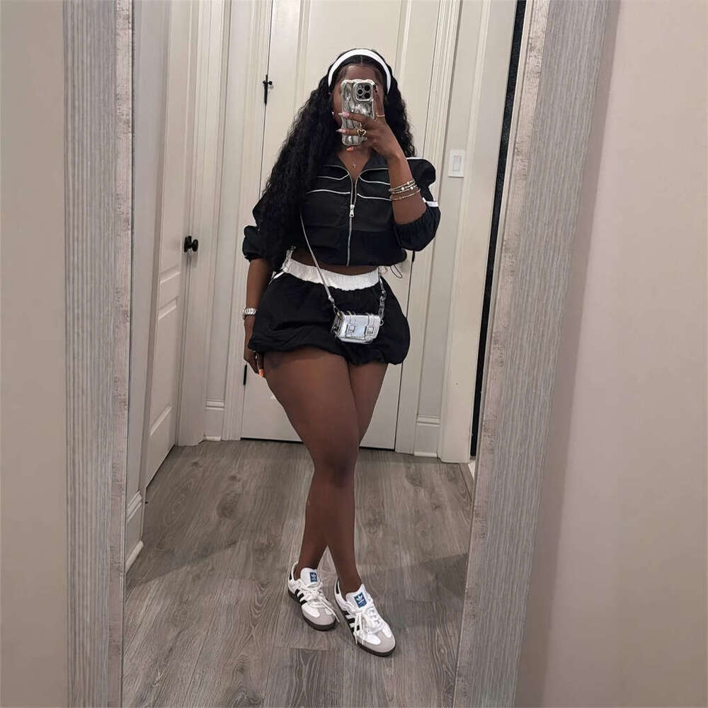 Summer Crop Top With Zipper Short Sleeve And Waist-Hugging Skirt Set For Women B5