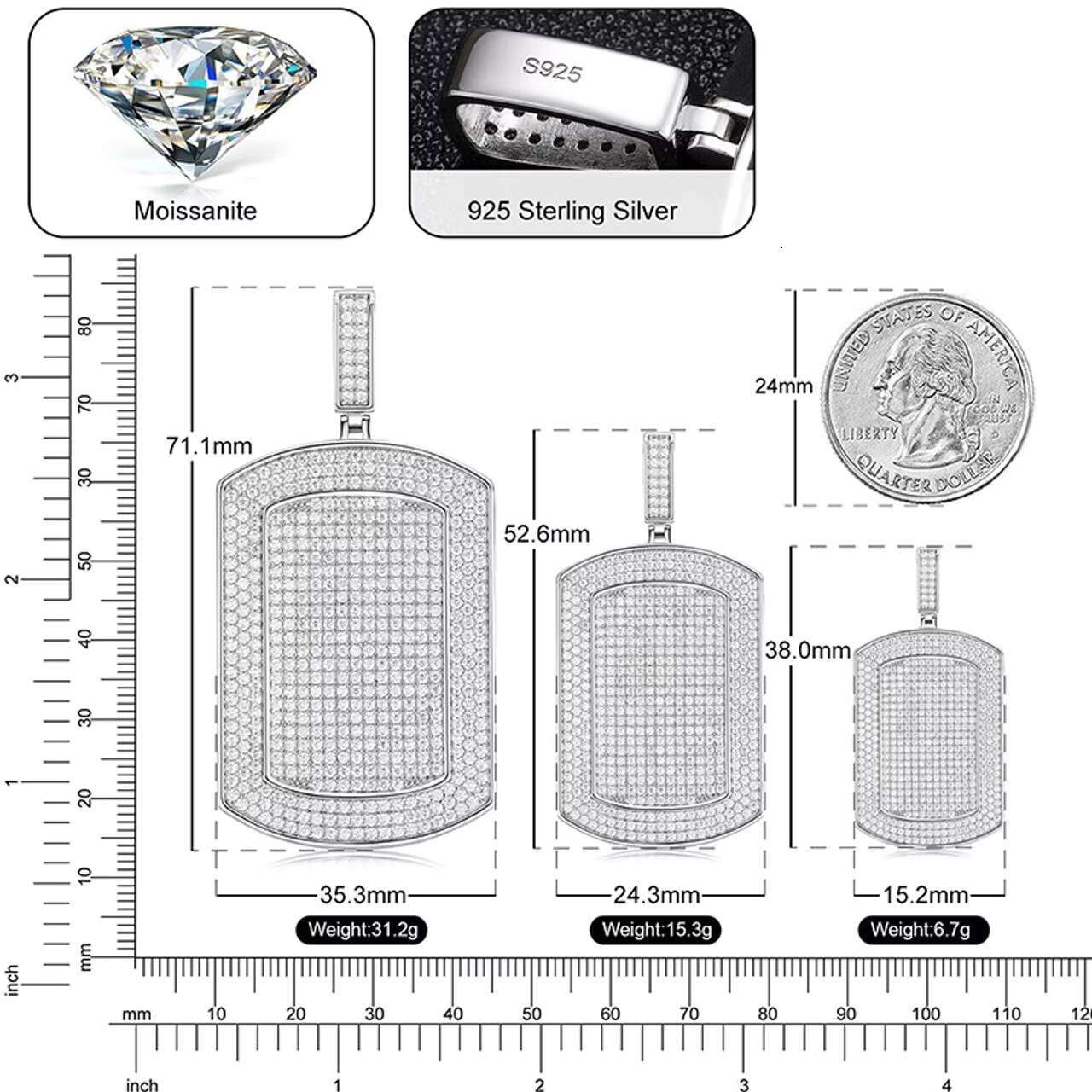 Trendy Military Style Moissanite Pendant Charm Sterling Silver Hip Hop Chain Necklace Durable Stylish Accessory