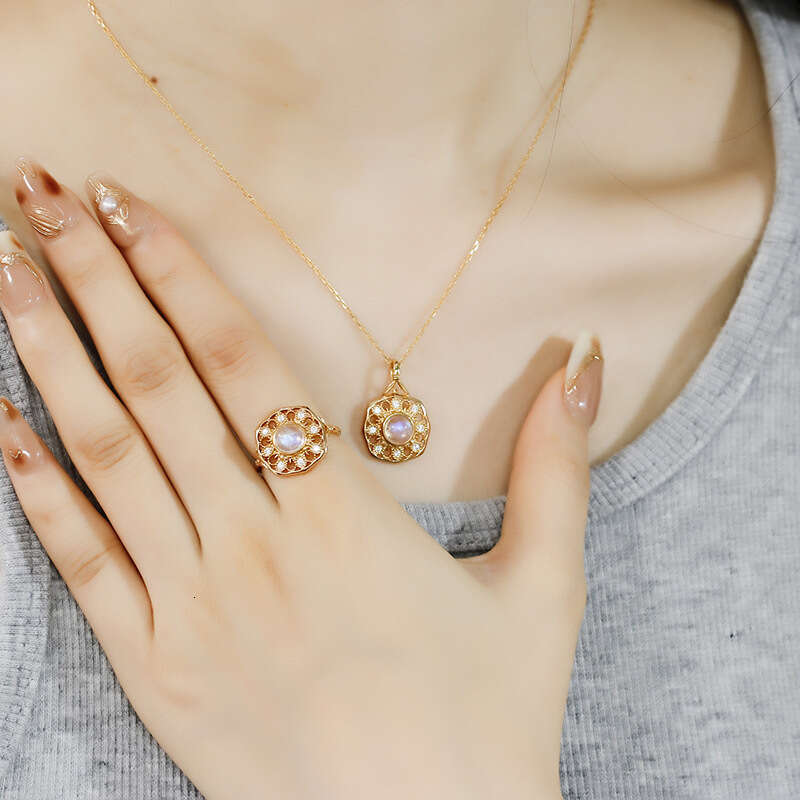 Lace Petal Sunflower High Imitation Natural Crystal Moonstone Same Style Necklace Light Luxury Ring