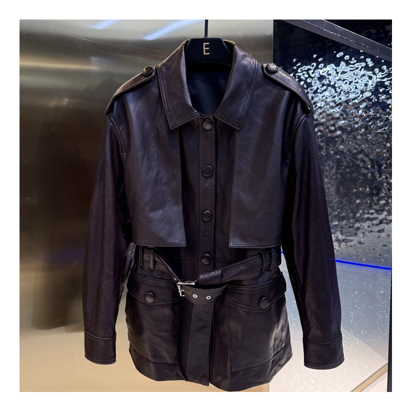 Spring new Hong Kong style locomotive leather windbreaker, genuine leather sheepskin fashionable lace up mid length leather suit top