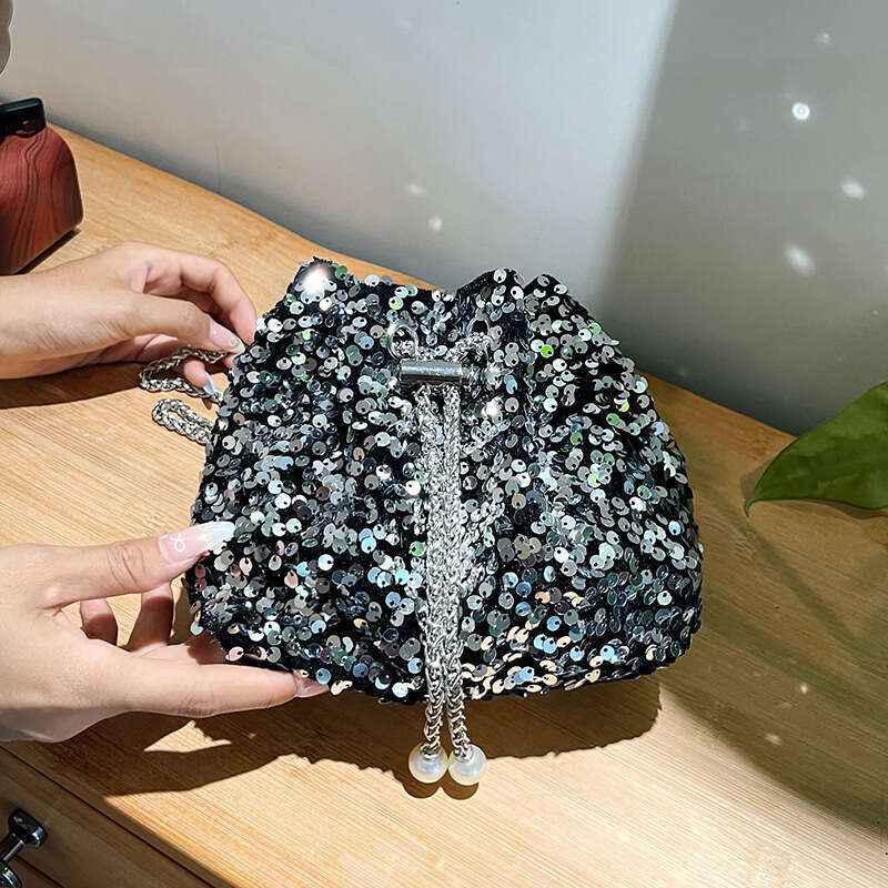 2025 Fashion Personality Sequin Drawstring Bucket Stylish Versatile Chain Shoulder Crossbody Bag