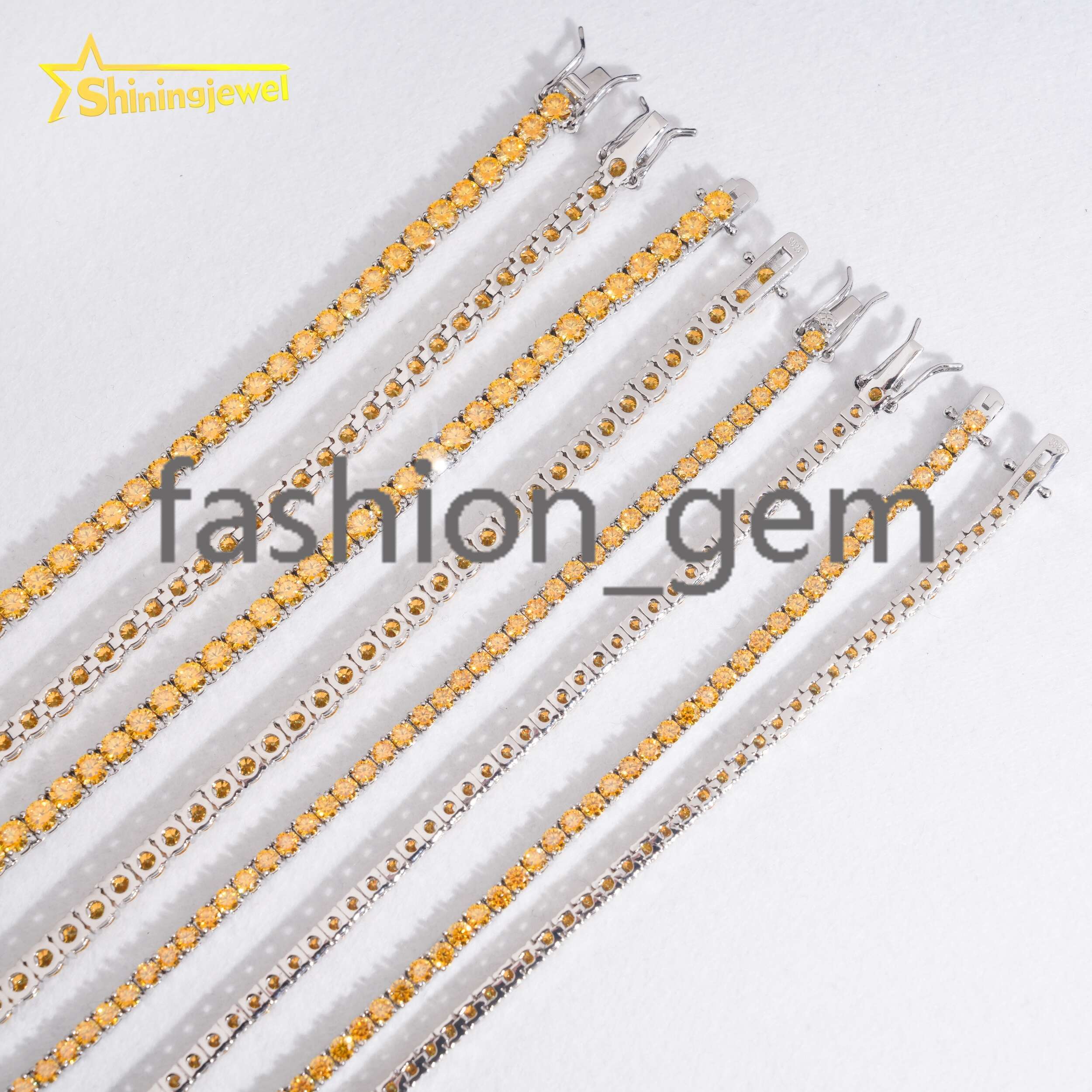 New Arrival 3mm 4mm Yellow Gold Moissanite Diamond Tennis Necklace 925 Silver Fashion Jewelry Hip Hop Tennis Chains Bracelet