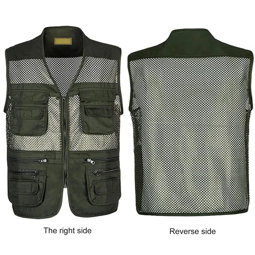 Summer Men Vest Coat Hollow Out Mesh Zipper Closure Multi-pocket Men Jacket Lightweight Sleeveless Male Waistcoat For Work Wear 250617