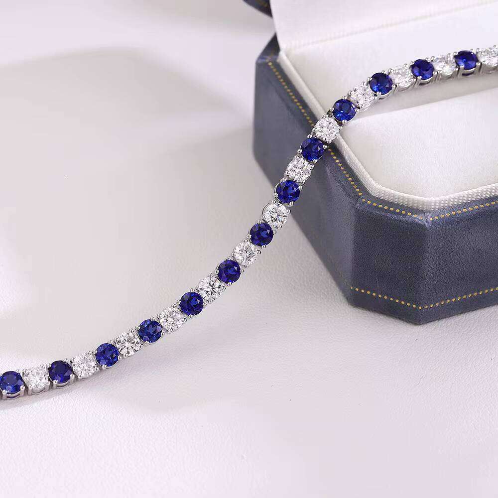 Premium Jewelry Lab-Grown 4mm Deep Blue with 14k White Gold Tennis Chain Bracelet
