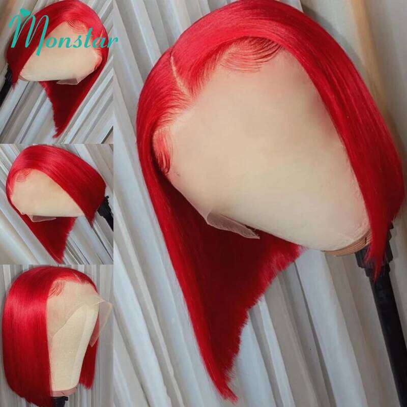 13x6 Red Colored Lace Front Human 13x4 Short Bob Straight Brazilian Hair Transparent Preplucked 5x5 Closure Wig