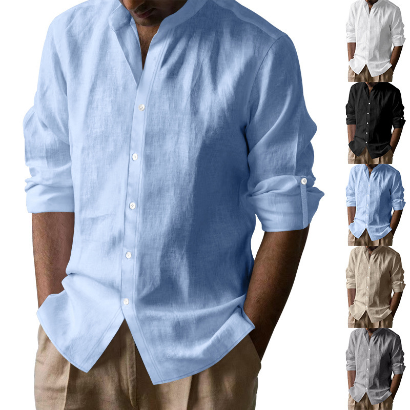 designer t shirt Men's Hawaiian long-sleeved shirt with cotton and linen stand-up collar, breathable Henry collar, casual long-sleeved top Europe