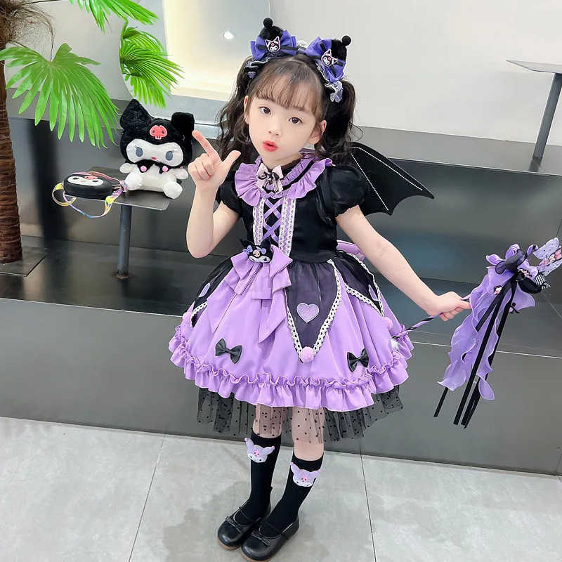 Sanrio 2024 Cosplay Sanrio Kuromi Lolita Princess Dress Children Birthday Party Costume Summer Bow Puffy Skirt Dress Suit Girls Gift XJ250618