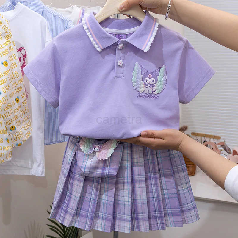 Sanrio Summer Kuromi Childrens Suit Academy Style Lapel Shirt Pleated Skirt 2Pcs Girl Sanrio Cartoon Kawaii Jk Uniform Birthday GiftXJ250618