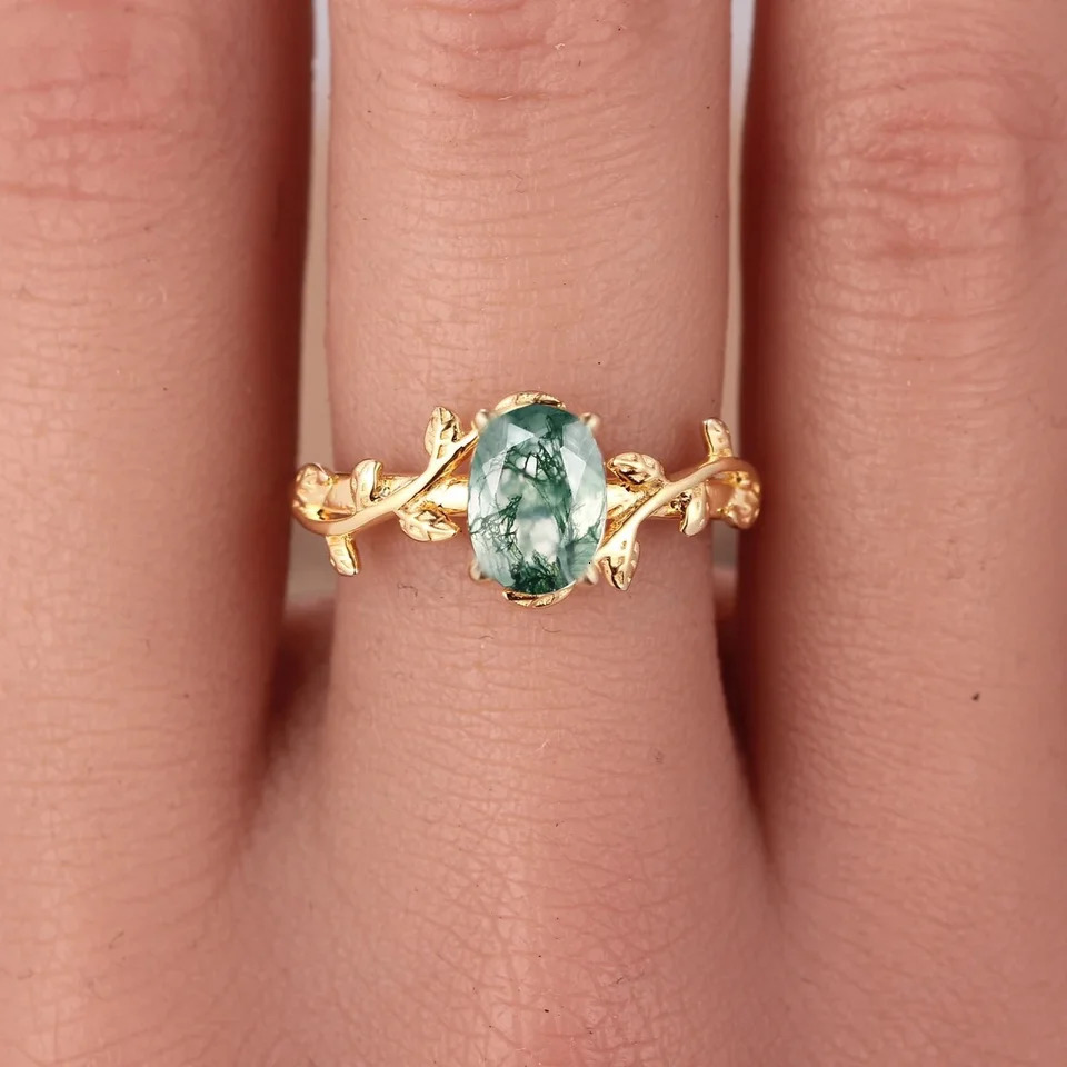 Real 925 Sterling Silver Cocktail Oval Shaped Moss Agate Rings Leaf Branch Ring For Woman Wedding Gifts High Quantity Jewelry 250618