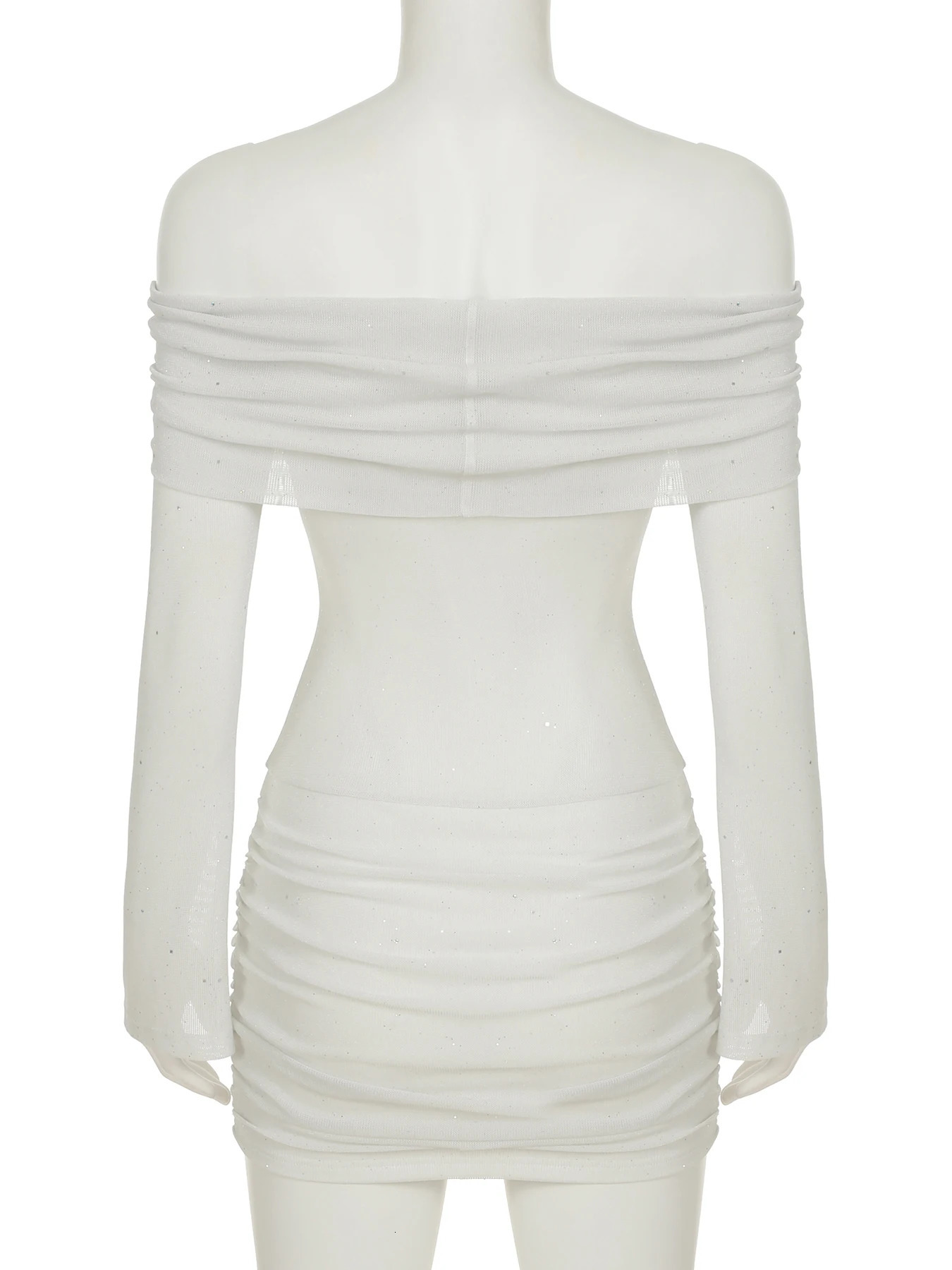 IAMSURE Sexy Sparkle Glitter Folds Bodycon Dress Slim Solid Slash Neck Long Sleeve Mini Dresses For Women Autumn Spring 250617