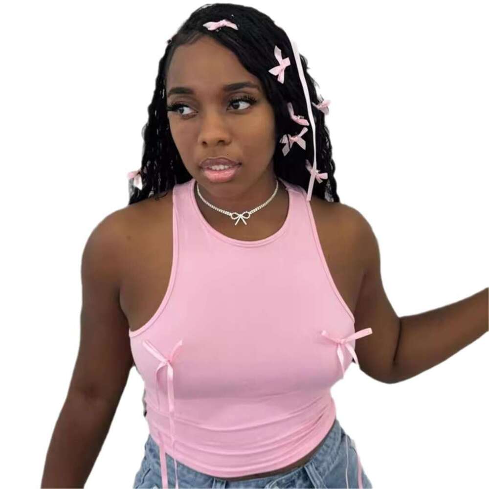 Summer New Slim Fit Fashion Solid Color Bowknot Girl Short Tank Crop Top B5
