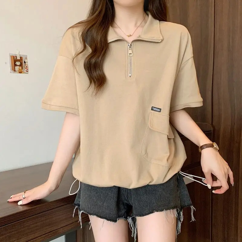 Polo Zipper T Shirts Women Summer Casual Loose Short Sleeve Pullover 2025 Korean Lady Fashion Shirring Black Tops 250617
