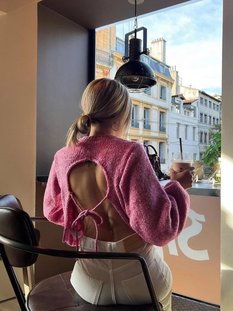 Womens Sweater Fashion Cute Vintage Solid Backless Knitted Pullovers Knitwear Long Sleeves O-Neck Female Chic Lady Tops 250614