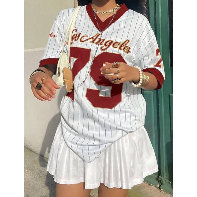 2025 Sports Style Trendy American Jersey Loose Street V-neck Striped Short Sleeve T-shirt Top 250407