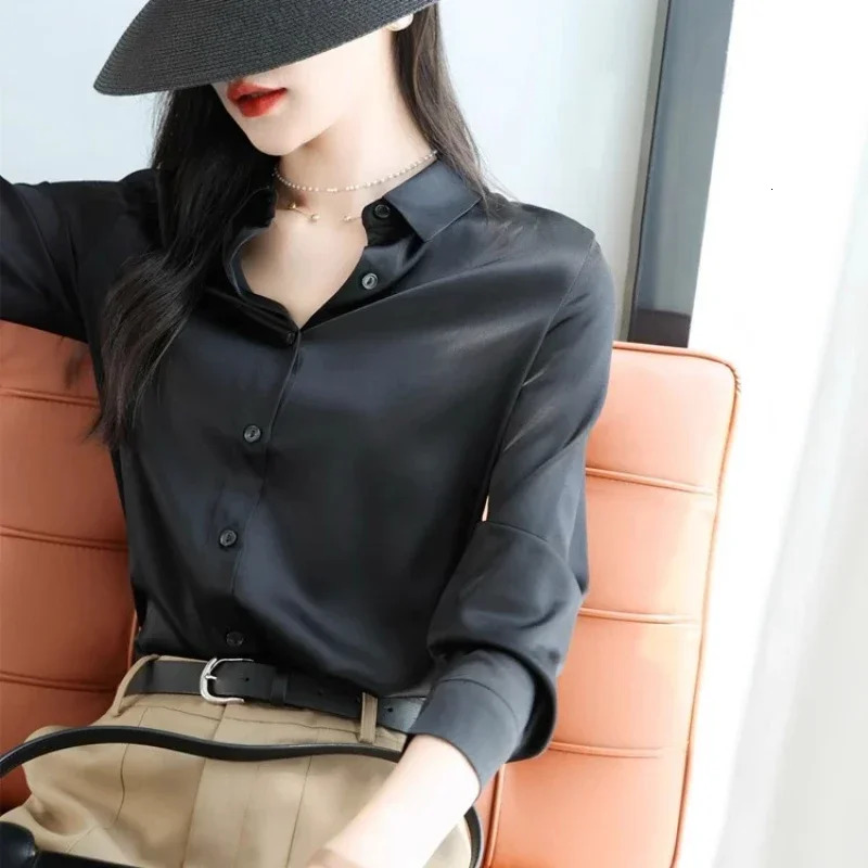 Satin Womens Shirt Blouses for Women Fashion Korean Style Tops Office White OL Loose Elegant Clothing 250617