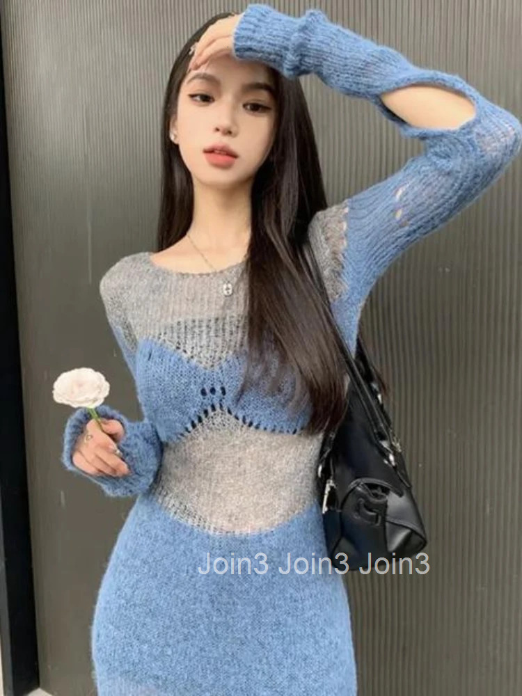 Knit Womens Dresses Sexy Daring Female Dress Maxi Hollow Out Robe Clothing Bodycon Evening Colorblock Crochet Long New In