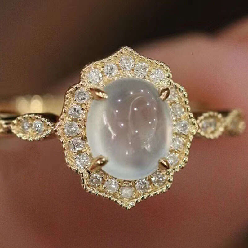 New High-End Romantic White Chalcedony Same Style Open Luxury Inlaid with Cabochon Ice Type Versatile Ring