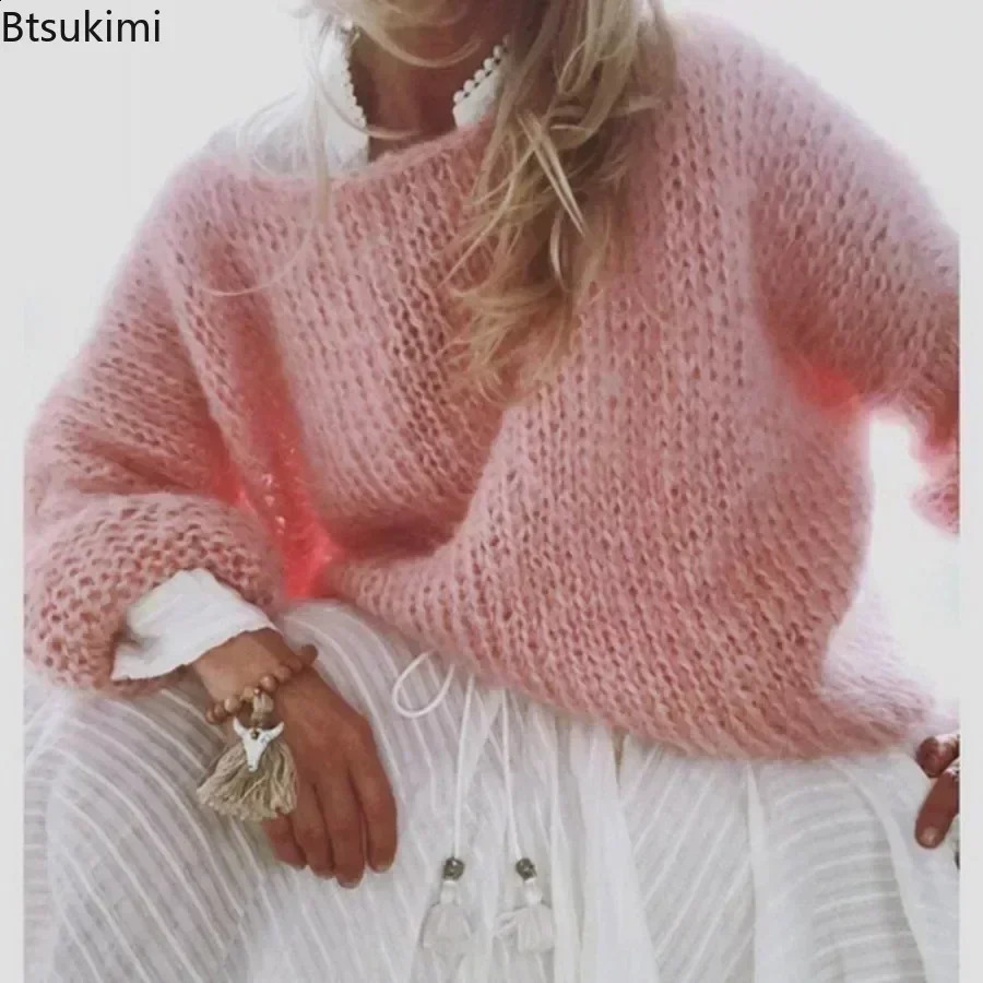 Womens Lantern Long Sleeve Knitted Sweater Fluffy Fuzzy Mohair Pullover Top Chunky Knit Solid Oversized Loose Jumper Tops 250614