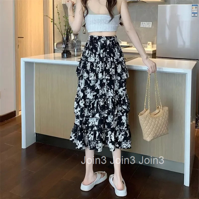 Midi Ruffle Skirts for Women Floral Patchwork Woman Skirt Clothing Sales Casual Premium 2025 Trend A Line Streetwear New in V