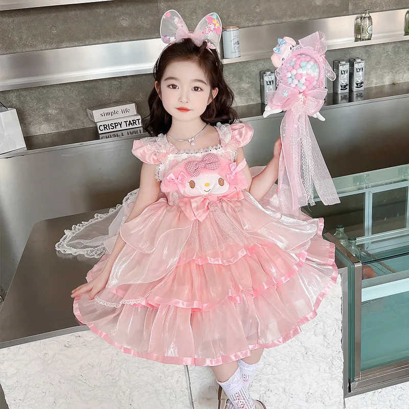 Sanrio Melody Princess Dress Girls Kawai Lolita Skirt Spring Summer Slip Dress Melody Headband Wand Cosplay Costume Birthday Party Kids XJ250618