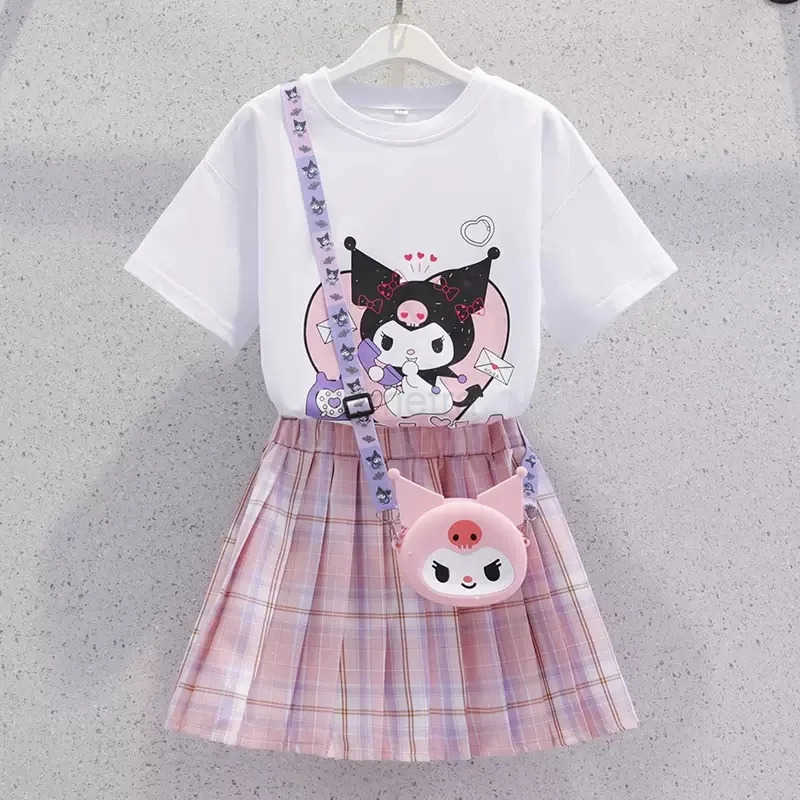 Sanrio New Kuromi Girls Skirt Set - Sanrio Summer Outfit Short-Sleeve T-shirt + Plaid Pleated Skirt 2Pc Cute Preppy Dress (Age 3-13)XJ250618