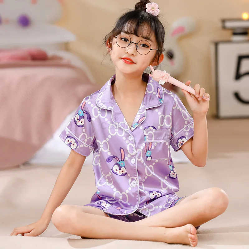 PJ Girl Ice Silk Short Sleeve Cardigan Sweet Cute Cartoon Sleepwear Pajamas Robe Childrens Clothing Mother Kids XJ250618XJ250618